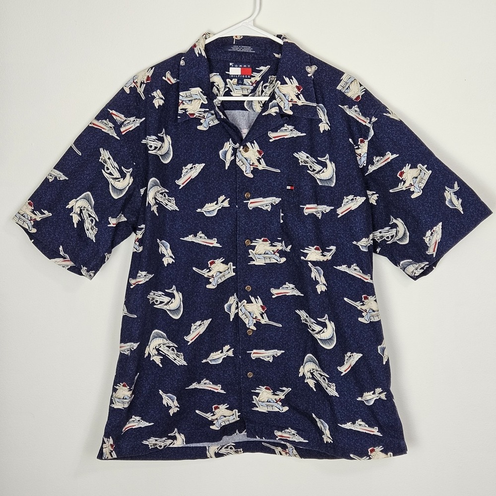 Tommy Hilfiger Button Front Shirt Mens Sz L Loop Collar Blue Fisherman‎ Marlin